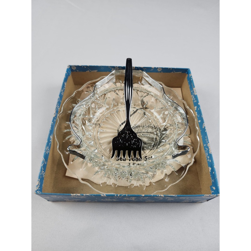 Vintage Crystal Seafood Serving Set Glass Tray Fork Chrome Handle Original Box